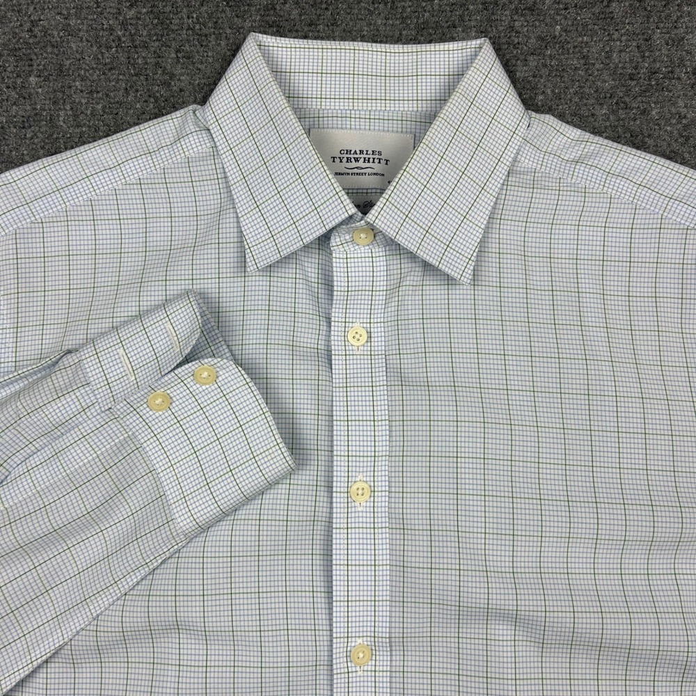 Charles Tyrwhitt Dress Shirt Mens 16.5/35 Green Blue Check Non-Iron Slim Fit